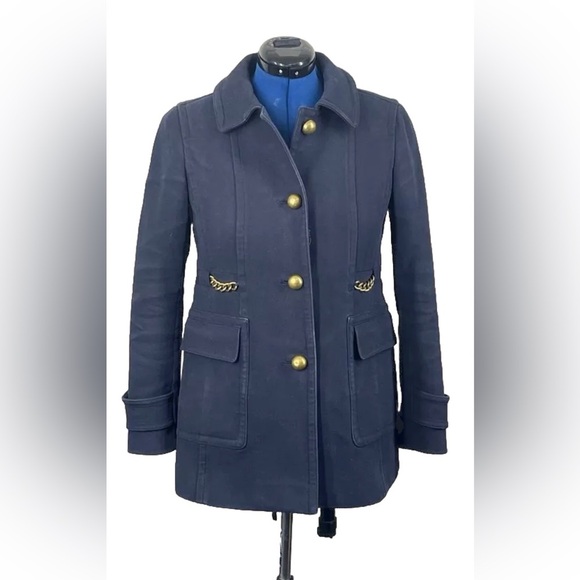 Ann Taylor Loft 4 Navy Blue Military Coat Chains Classic Career Peacoat Cotton - Picture 1 of 6